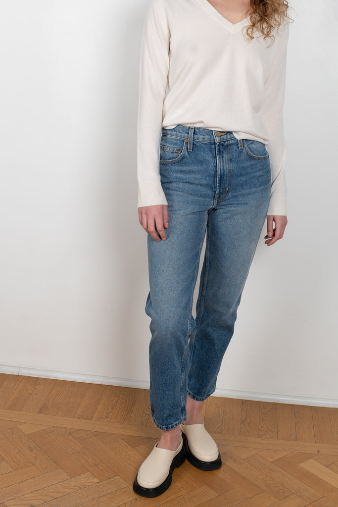 The Louis Hi Slim jeans by  is a high waisted jeans with a fitted straight leg in a vintage medium blue wash