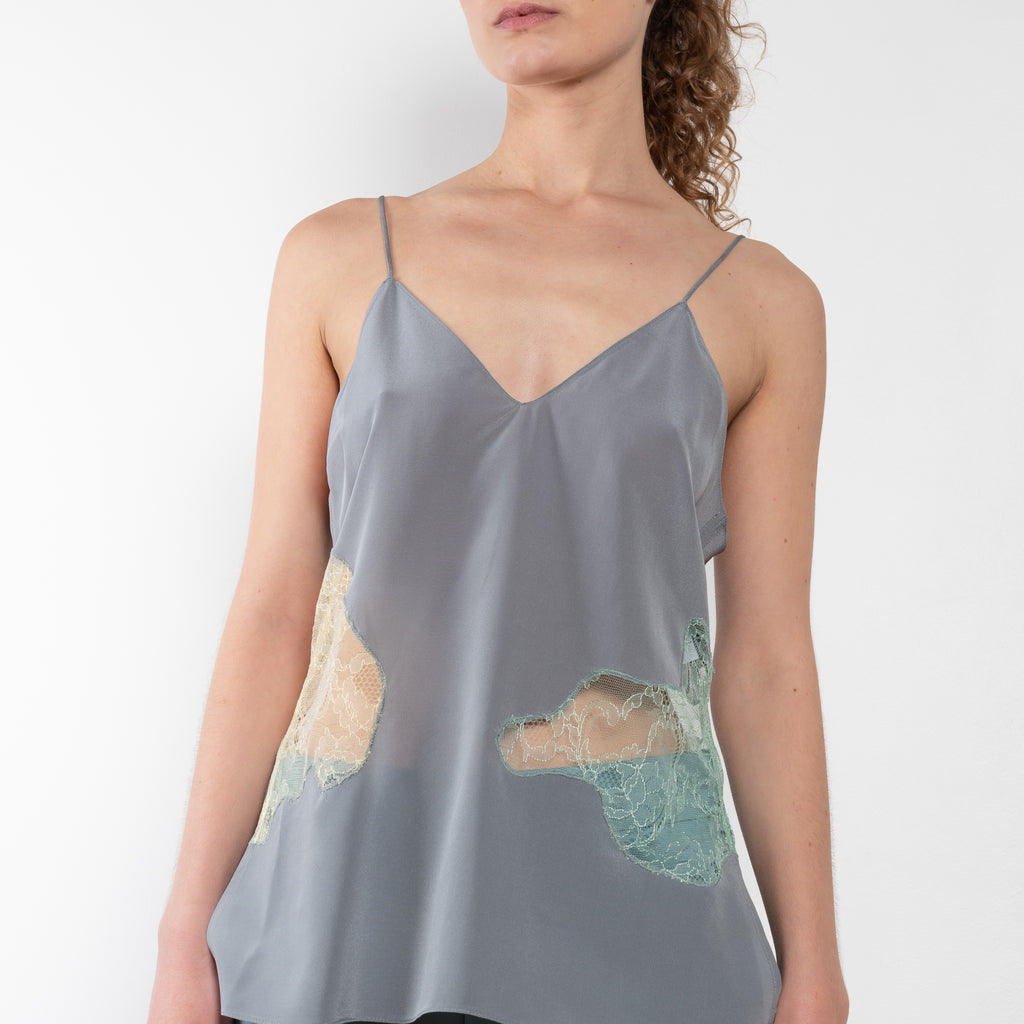 The Silk & Lace Top 0740 by GAUCHERE is a silk camisole with lace cut outs in a subtle color mix