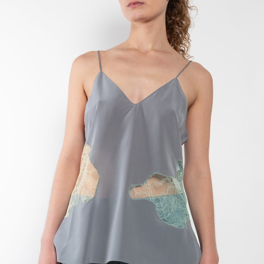 The Silk & Lace Top 0740 by GAUCHERE is a silk camisole with lace cut outs in a subtle color mix
