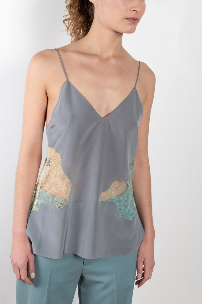 The Silk & Lace Top 0740 by GAUCHERE is a silk camisole with lace cut outs in a subtle color mix