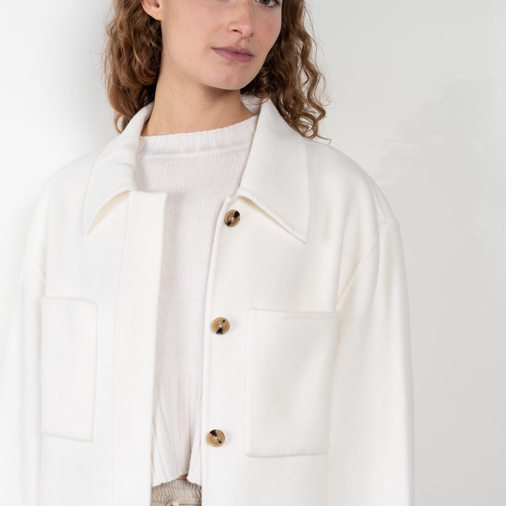 The  Riva jacket by Loulou Studio is a relaxed shirt jacket in a soft wool and cashmere blend