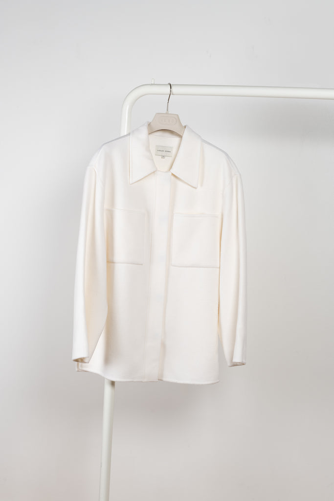 The  Riva jacket by Loulou Studio is a relaxed shirt jacket in a soft wool and cashmere blend