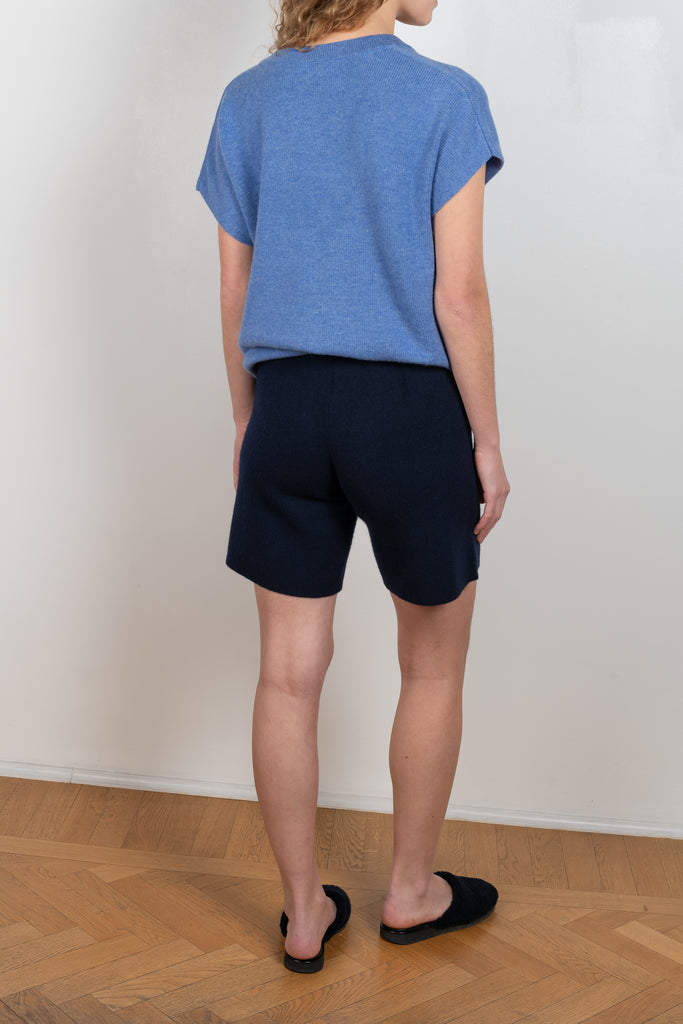 The Maris Short by Lisa Yang have a mid-thigh, wide-leg cut with stitched creases in a thick and soft cashmere