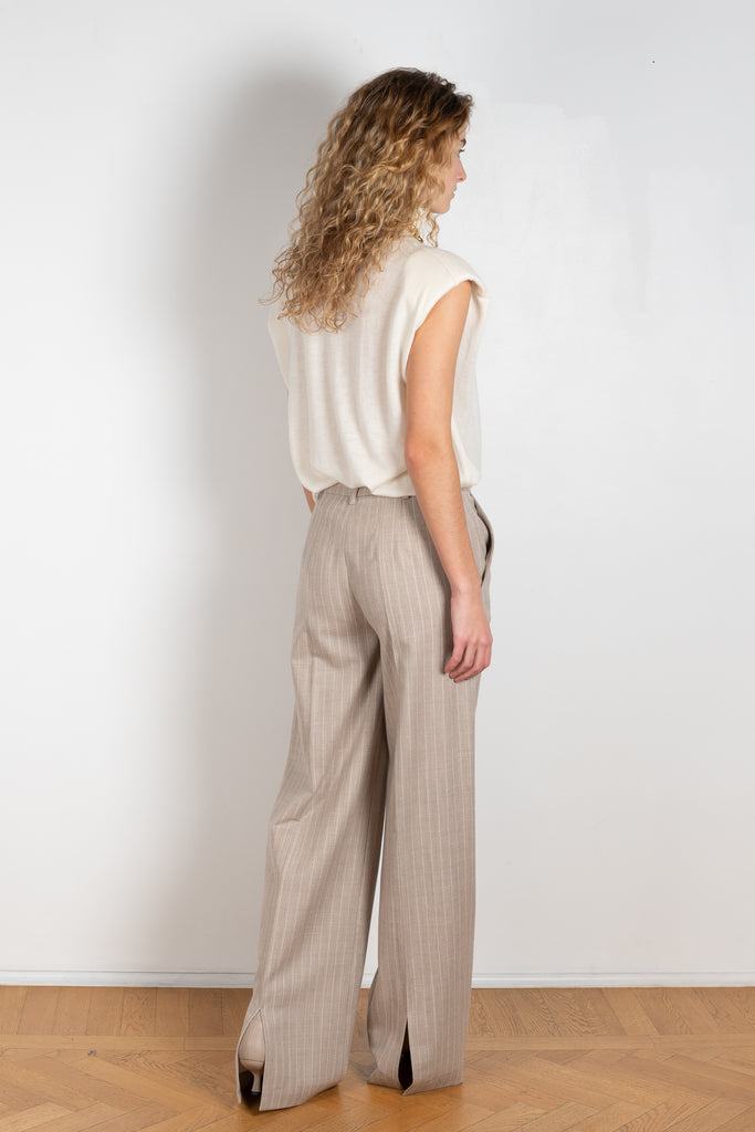 Wide leg Sulana Pants in a beige wool pinstripe by Loulou Studio