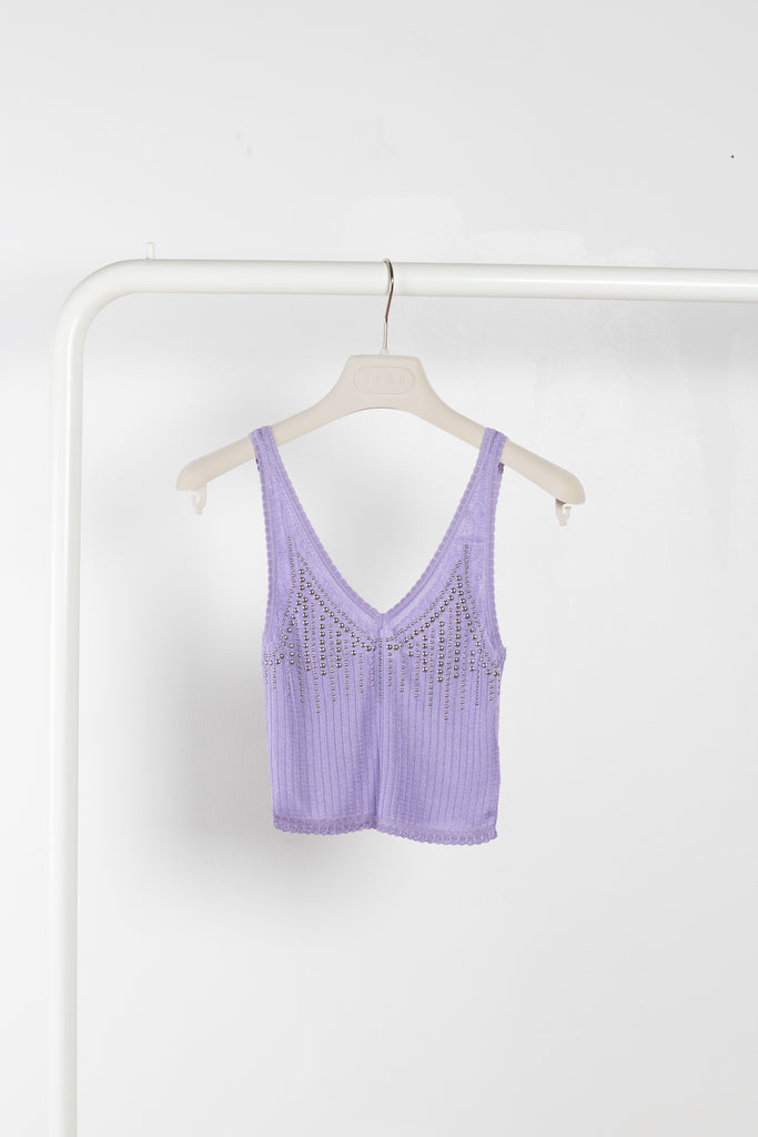 The Studded Top by Paco Rabanne is a delicate lilac top in a fluid viscose with fine studs
