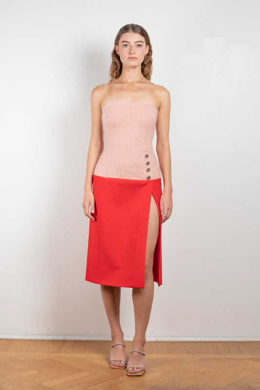 The Wool Bustier Dress by Paco Rabanne is a runway contrasted bustier dress in a stunning red and pink wool blend