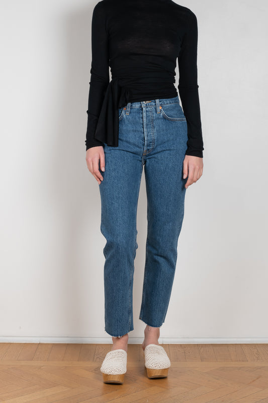 The 70's Stove Pipe Jeans by Redone in color SAF is a signature high rise jeans with a straight ankle length leg in a blue wash