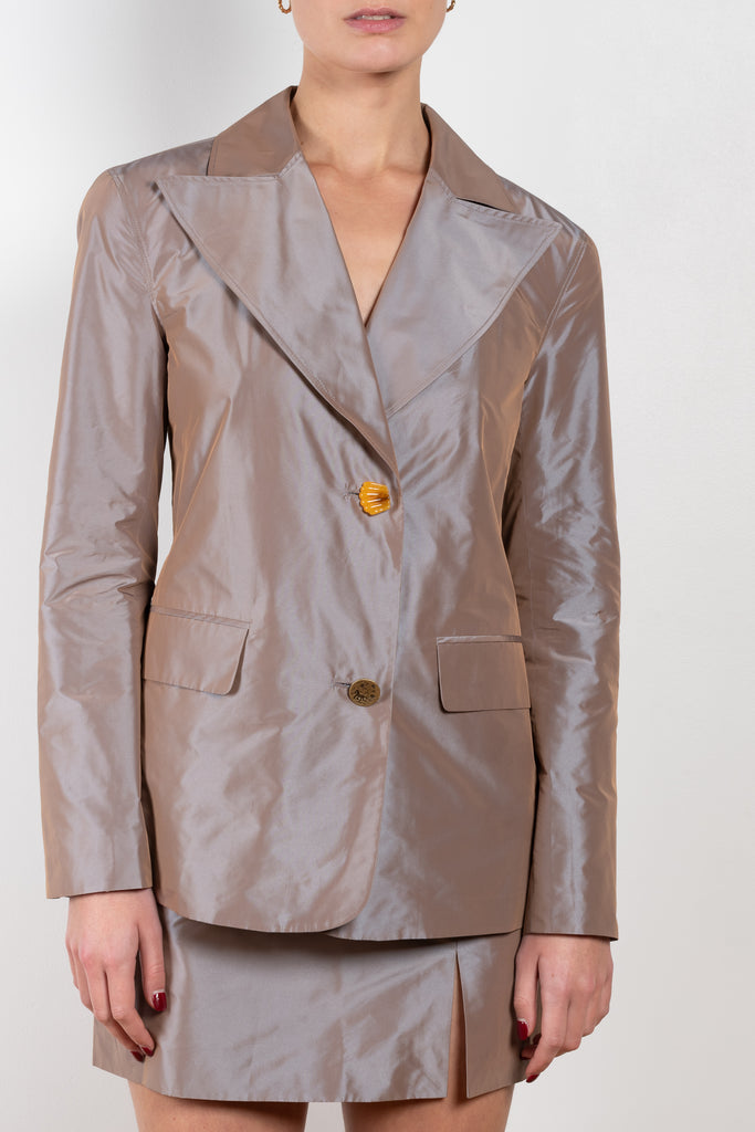 The Mina Blazer by Rejina Pyo in Taffeta Iridescent is a fitted single-breasted blazer that features front pockets and a back slit