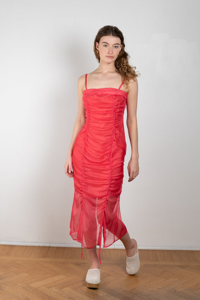 The Emi Dress by Rejina Pyo is an elegant mid-length dress in silk chiffon with double straps and ruched detailing down the frontThe Emi Dress by Rejina Pyo is an elegant mid-length dress in silk chiffon with double straps and ruched detailing down the front