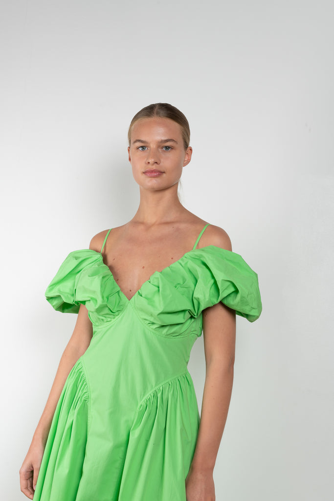 The Erin Dress by Rejina Pyo is an off-the-shoulder dress with puffed sleeves from this Fall's runway