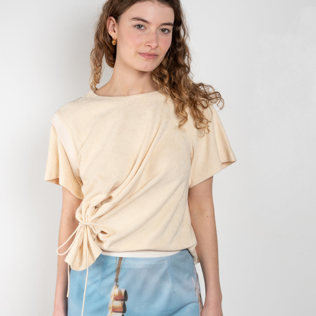The Kayley Tee by Rejina Pyo is a relaxed tee  in a soft terry featuring rouched detailing on the side