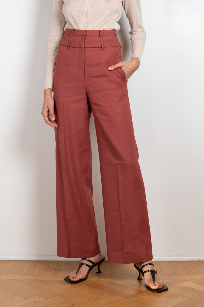 The Laila Trousers by Rejina Pyo are high waisted wide legged trousers with a custom double belt detail