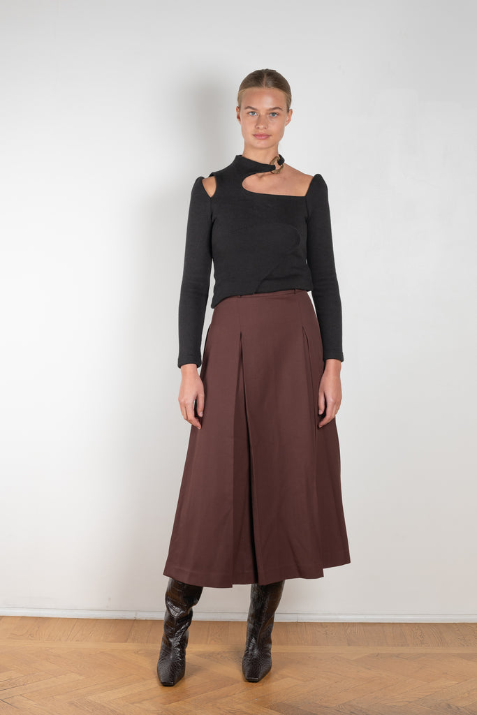 The Malia Skirt by Rejina Pyo is a high waisted a-line skirt with pleats in a fluid wool blend