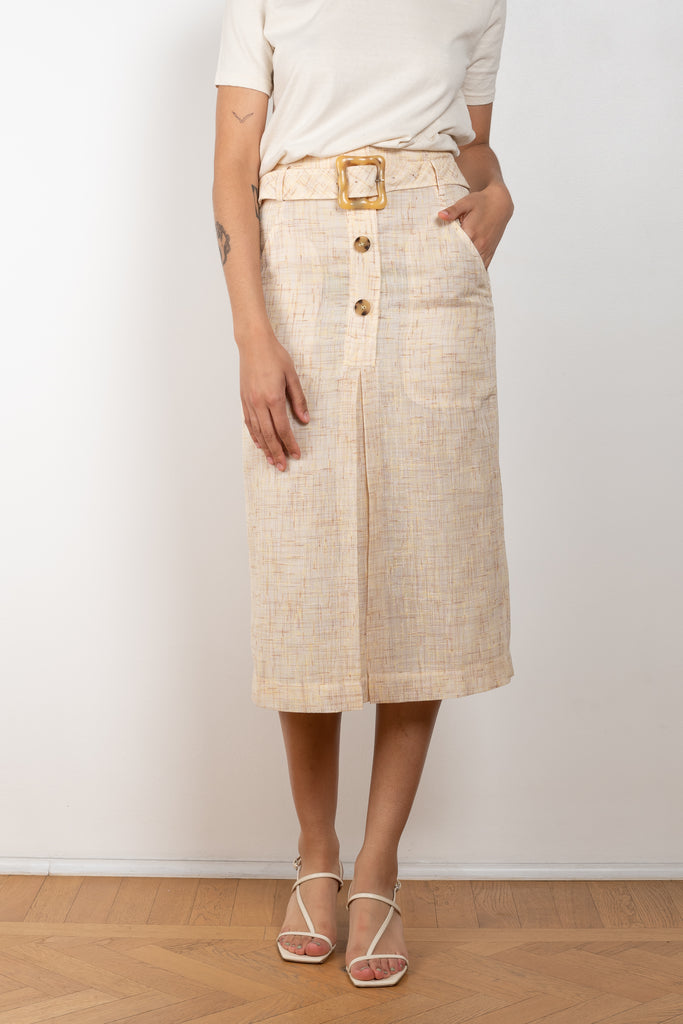 The Tamsin Skirt by Rejina Pyo is a high waisted straight skirt with a buckle belt 