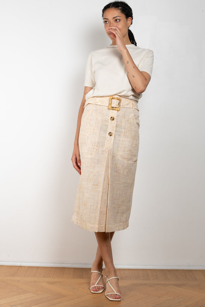 The Tamsin Skirt by Rejina Pyo is a high waisted straight skirt with a buckle belt 
