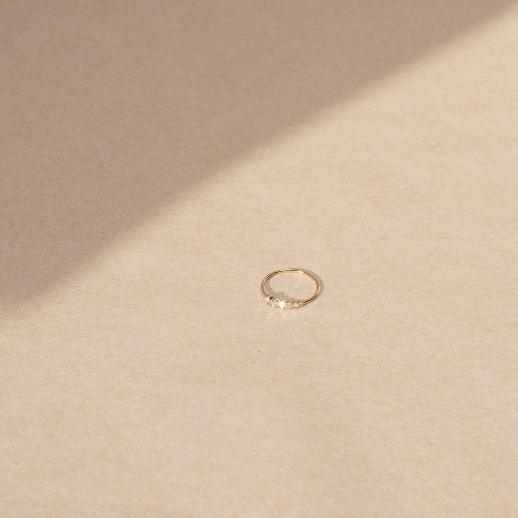 The Pleine De Lune Grand Ring by Sophie Bille Brahe is a delicate ring in 18K yellow gold with a total of 0,19ct Top Wesselton VVS diamonds in graduating sizes