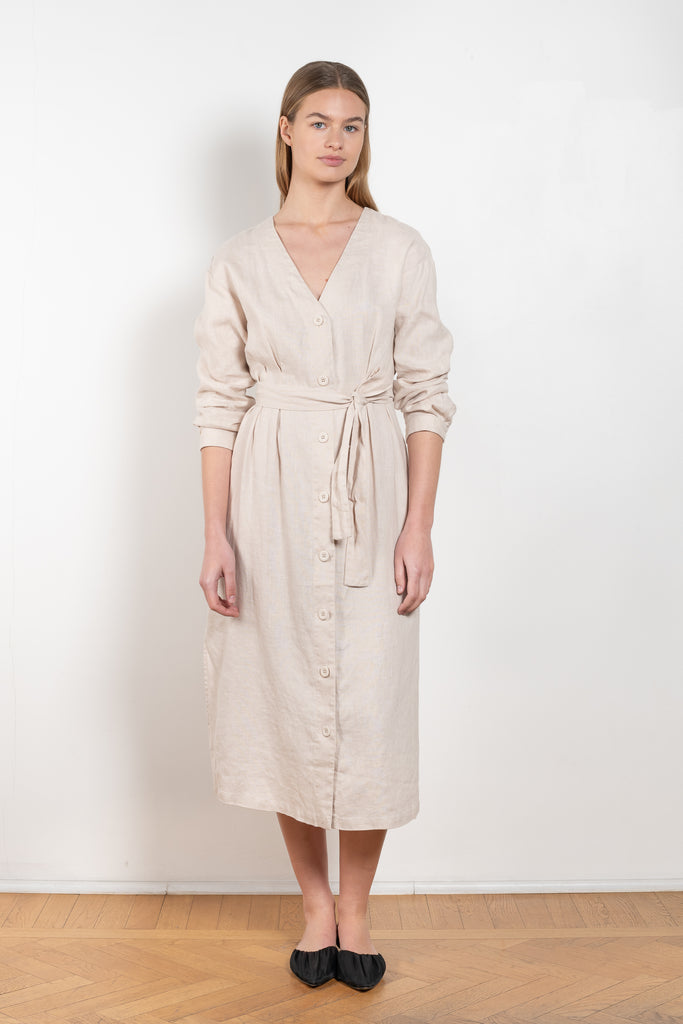 The Lucy Dress by Xirena is a mid length button up dress in a soft summer linen