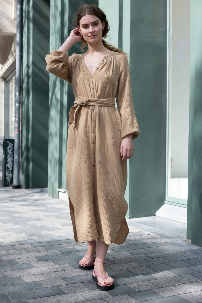 The Irys Dress by Xirena is a relaxed long dress with subtle balloon sleeves in a soft cotton gauzeThe Irys Dress by Xirena is a relaxed long dress with subtle balloon sleeves in a soft cotton gauze
